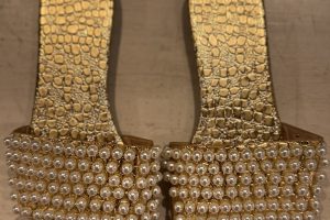 luxurious gold slide sandals embellished with sparkling crystals