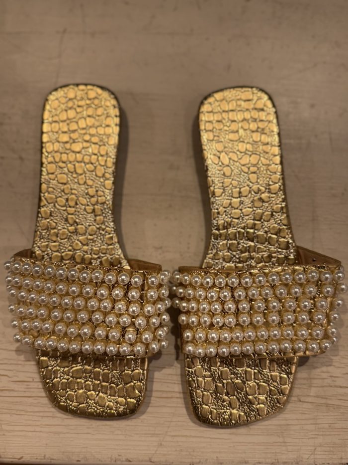 Luxurious gold slide sandals embellished with sparkling crystals