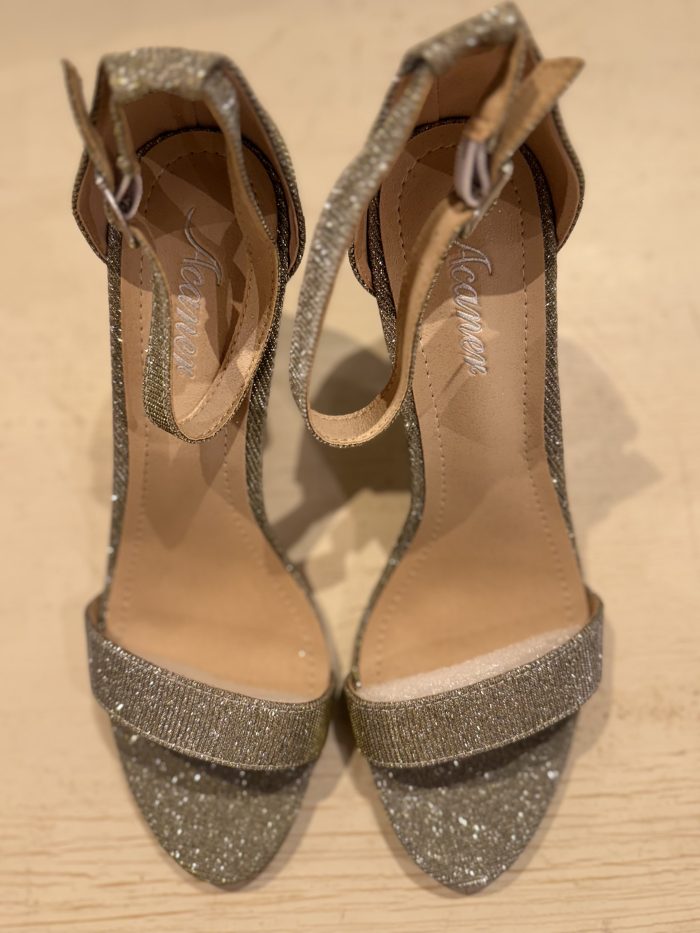 Sparkling gold glitter peep-toe sandals with ribbon ankle ties